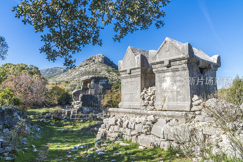 来自Dodurga村的Sidyma古城。Fethiye, Mugla，土耳其。